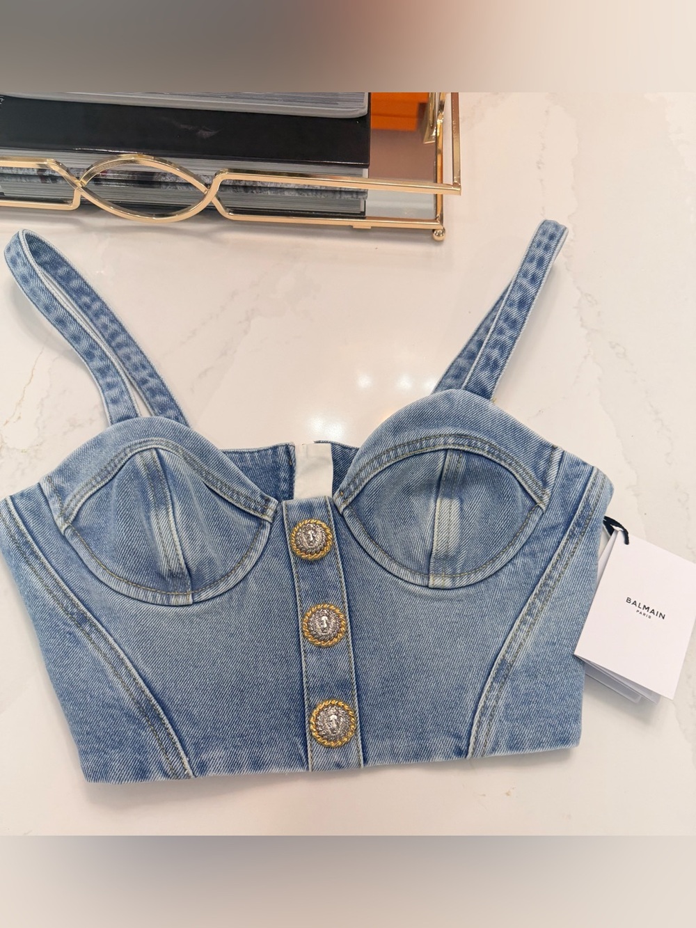 Balmain Denim Bustier Corset Top NWT Light Wash Gold Medallion Buttons - Picture 2 of 3